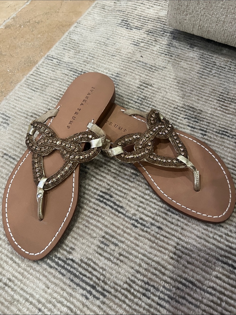 Ivanka Trump Metallic Bronze Beaded Thong Sandals NEW